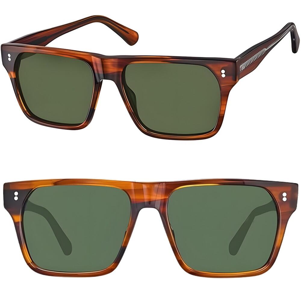 Modern Flat Top Square Sunglasses Brown Stripe Frame Green Polarized Lenses